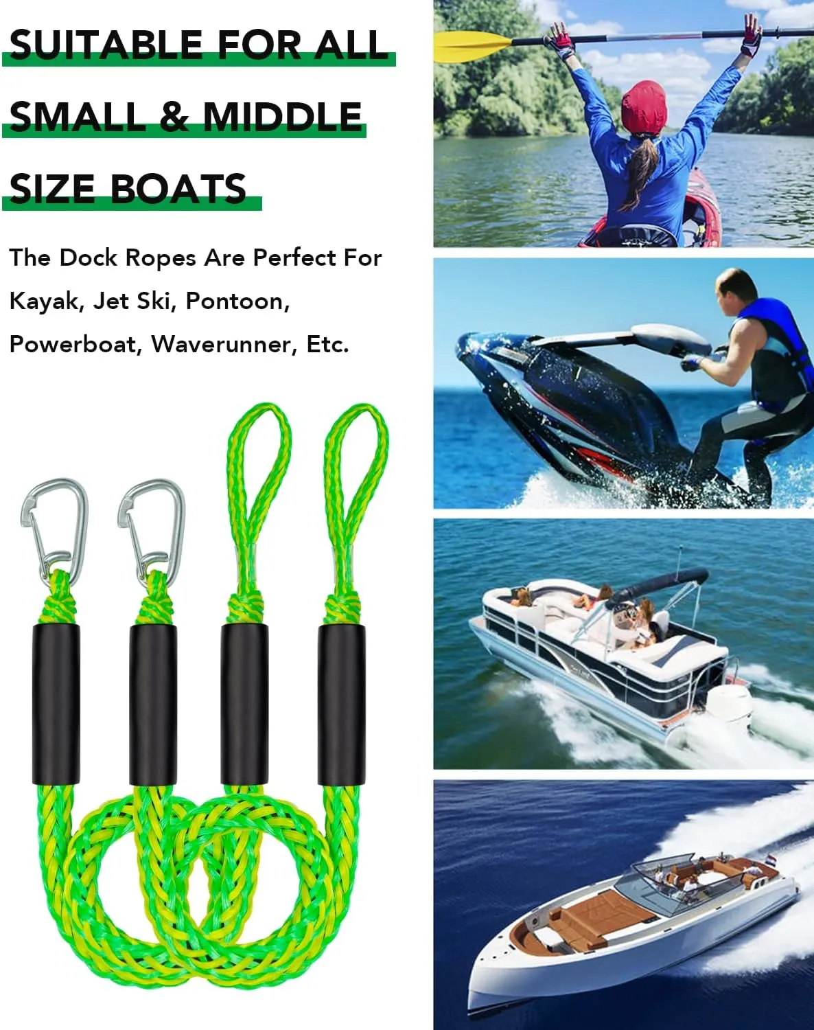 3Feet 2PCS Bungee Boat Dock Lines with 316 Stainless Steel Clip Mooring Ropes Boat Accessories Docking Line for Boats, Fender, Pontoon,Power Boat (Green&Yellow, 3 Feet)