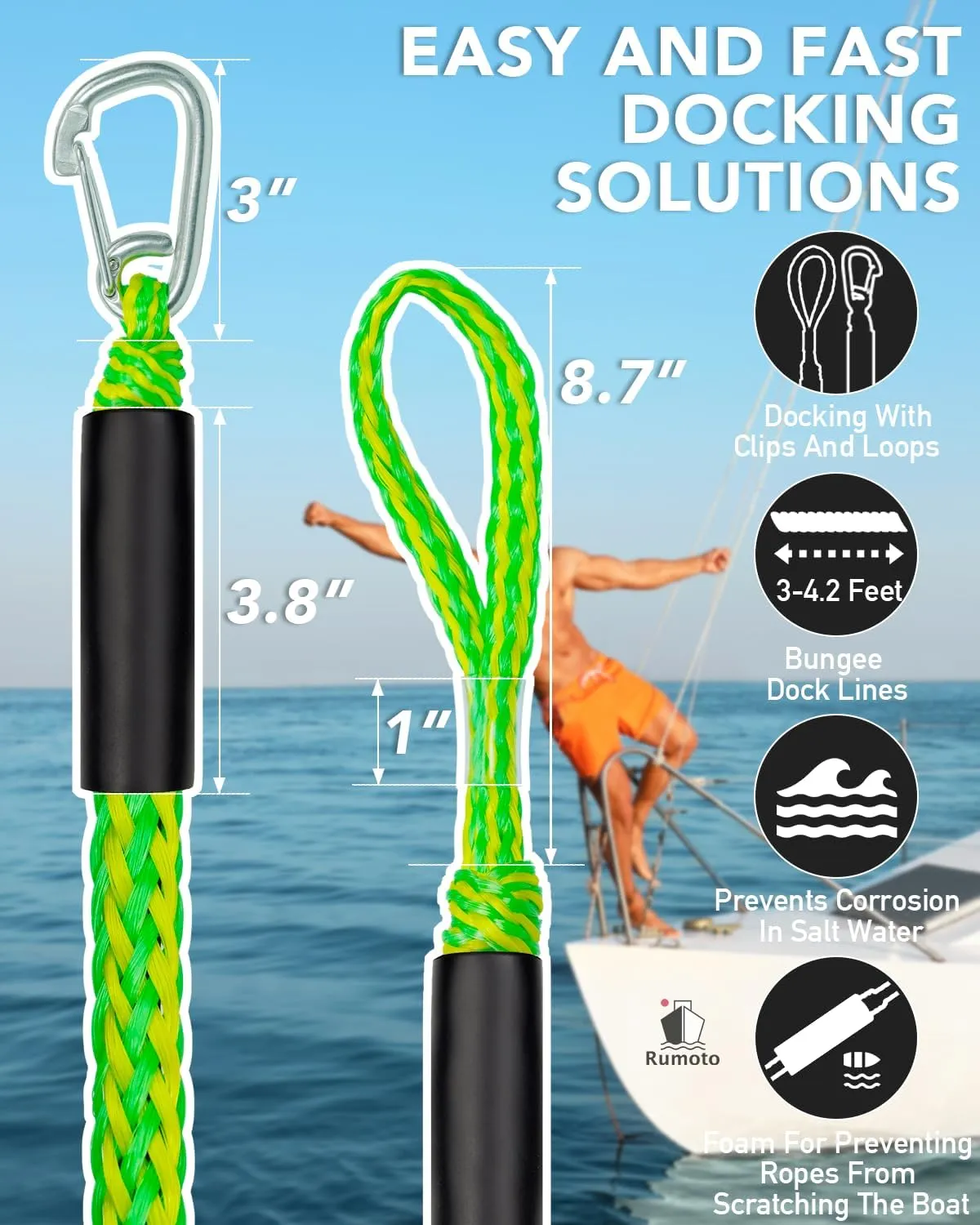 3Feet 2PCS Bungee Boat Dock Lines with 316 Stainless Steel Clip Mooring Ropes Boat Accessories Docking Line for Boats, Fender, Pontoon,Power Boat (Green&Yellow, 3 Feet)
