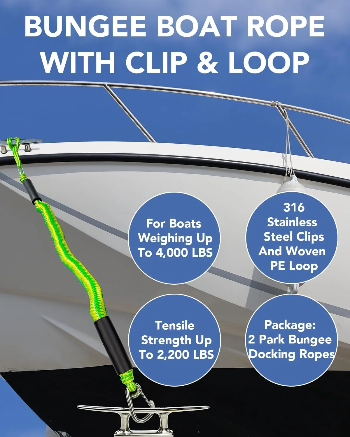 3Feet 2PCS Bungee Boat Dock Lines with 316 Stainless Steel Clip Mooring Ropes Boat Accessories Docking Line for Boats, Fender, Pontoon,Power Boat (Green&Yellow, 3 Feet)