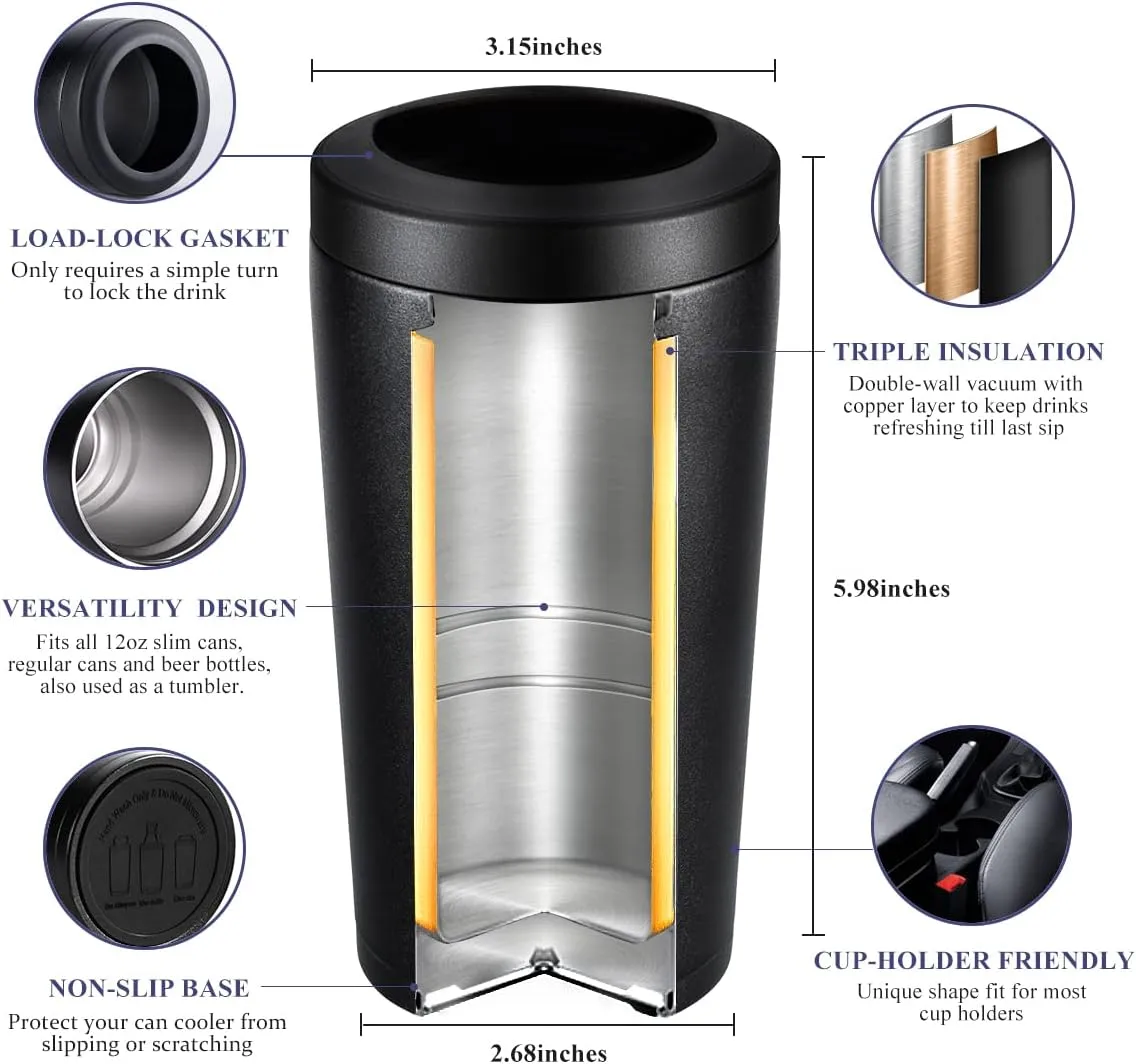 4 in 1 Insulated Slim Can Cooler for 12 OZ Cans and Beer Bottle - Keep 8 Hours Cold, Easy to Hold - Stainless Steel Can Holder, Double Walled Can Insulator for Hard Seltzer and More