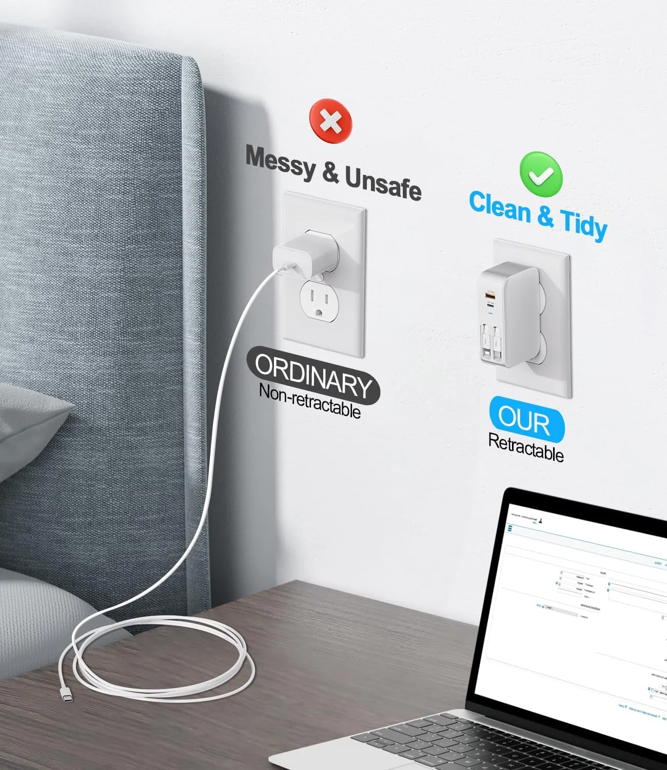 4 in 1 Retractable Wall Charger with Dual Cables, 40W Fast Retractable Charger with QC 18W USB and PD 20W Type C Port, Retractable Phone Charger Wall Plug for iPhone 16/15/14/13, LG, Galaxy, Pixel