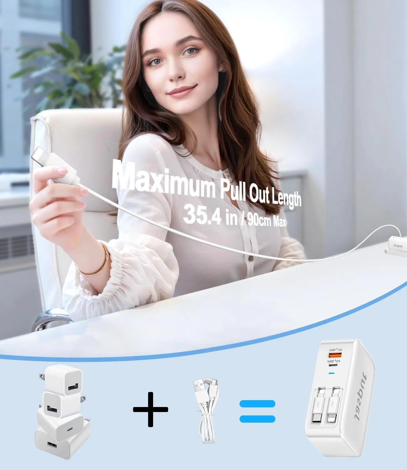 4 in 1 Retractable Wall Charger with Dual Cables, 40W Fast Retractable Charger with QC 18W USB and PD 20W Type C Port, Retractable Phone Charger Wall Plug for iPhone 16/15/14/13, LG, Galaxy, Pixel