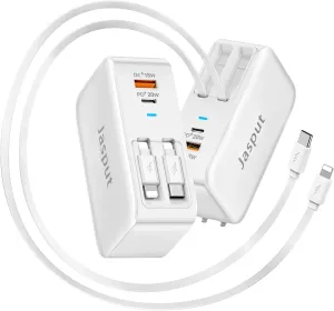 4 in 1 Retractable Wall Charger with Dual Cables, 40W Fast Retractable Charger with QC 18W USB and PD 20W Type C Port, Retractable Phone Charger Wall Plug for iPhone 16/15/14/13, LG, Galaxy, Pixel