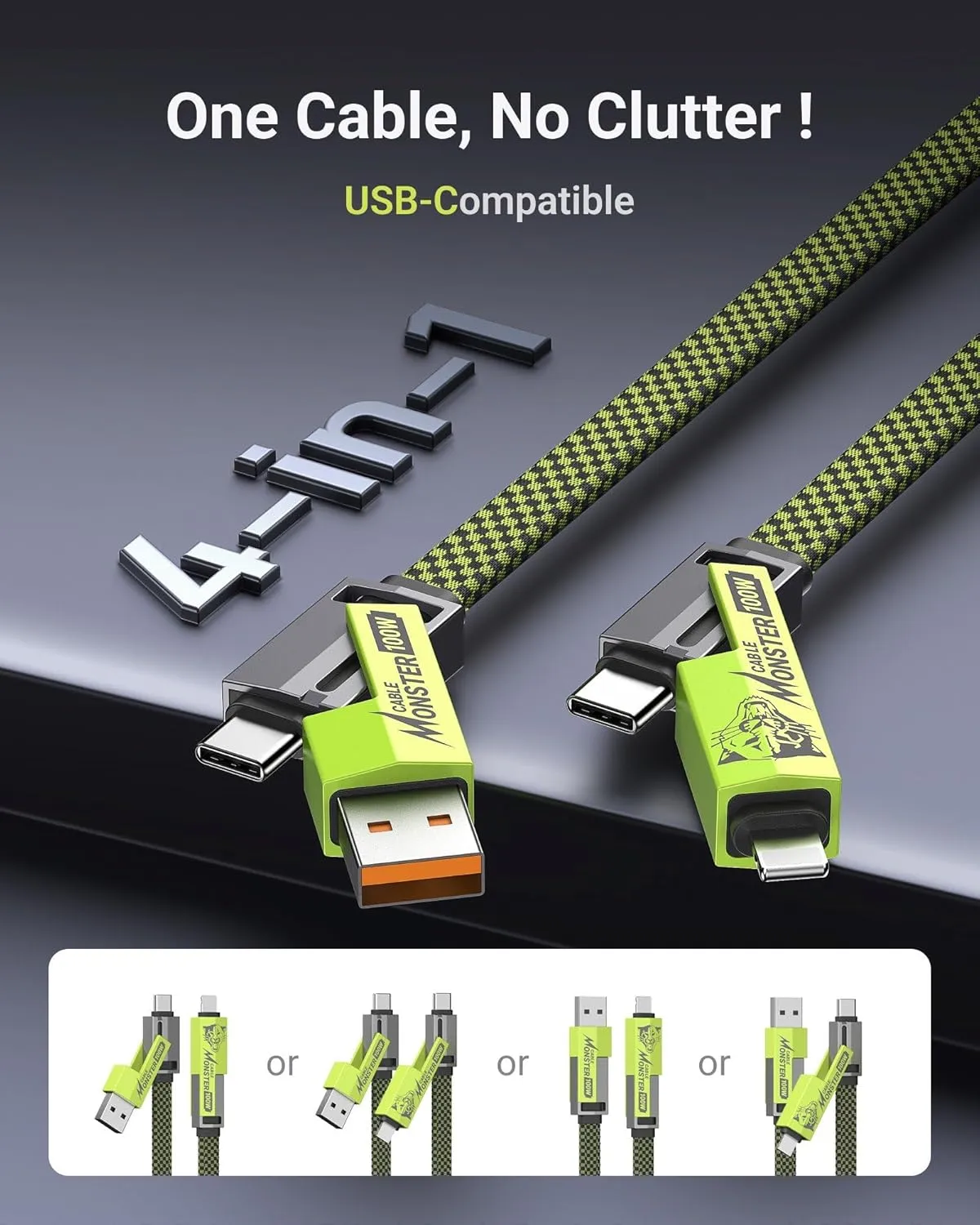 4-in-1 USB-C Cable (6ft), 100W USB-C Charger Cable with Hook-and-Loop Fastener and Cable Management, USB-C Cable/Fast Charging for MacBook, iPad, iPhone, Samsung, Green