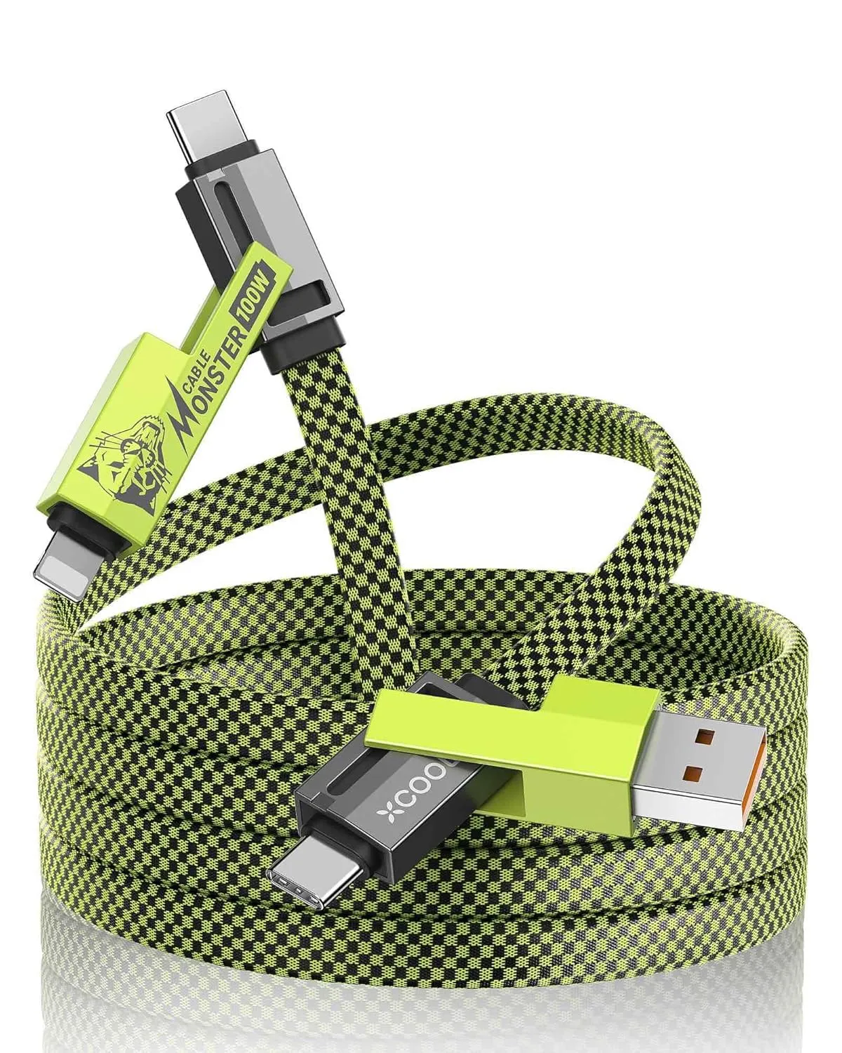 4-in-1 USB-C Cable (6ft), 100W USB-C Charger Cable with Hook-and-Loop Fastener and Cable Management, USB-C Cable/Fast Charging for MacBook, iPad, iPhone, Samsung, Green
