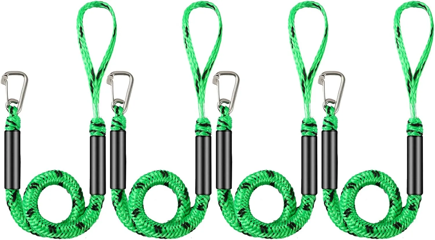 4 Pcs Boat Bungee Dock Lines, 4 Feet Mooring Rope for Docking Stretches to 6 Feet, Mooring Line Boat Accessories Docking Ropes PWC Dock Ties for Boats with a Hook (Green and Black)