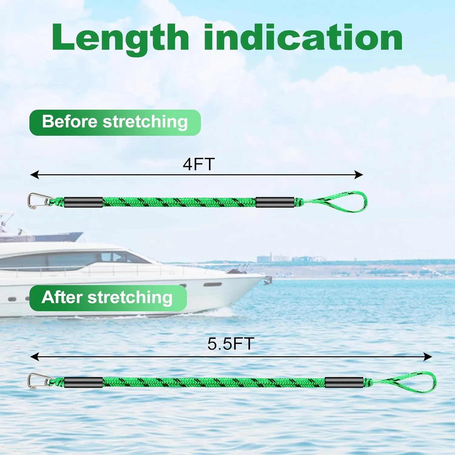 4 Pcs Boat Bungee Dock Lines, 4 Feet Mooring Rope for Docking Stretches to 6 Feet, Mooring Line Boat Accessories Docking Ropes PWC Dock Ties for Boats with a Hook (Green and Black)