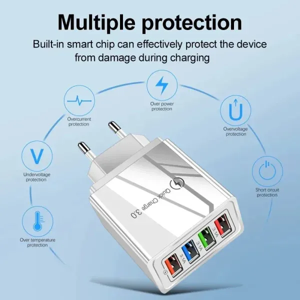 4-Port Quick Charge 3.0 Plug 3A USB Charger for Phones and Tablets