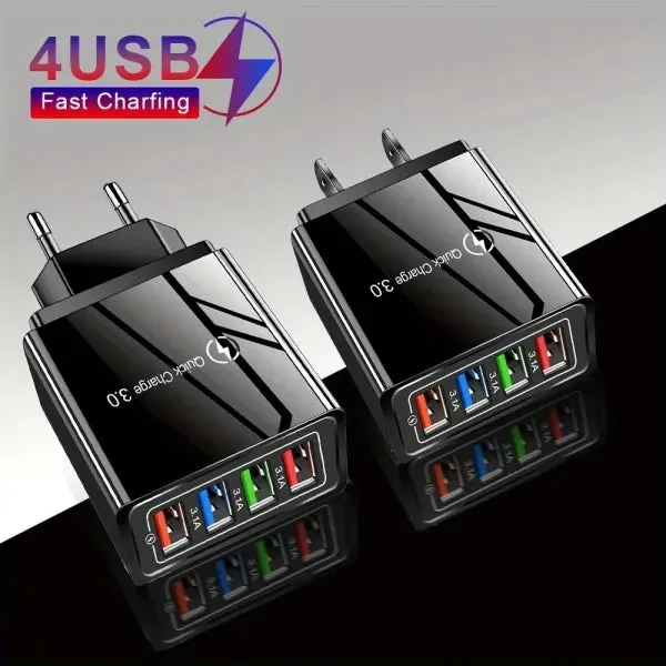 4-Port Quick Charge 3.0 Plug 3A USB Charger for Phones and Tablets