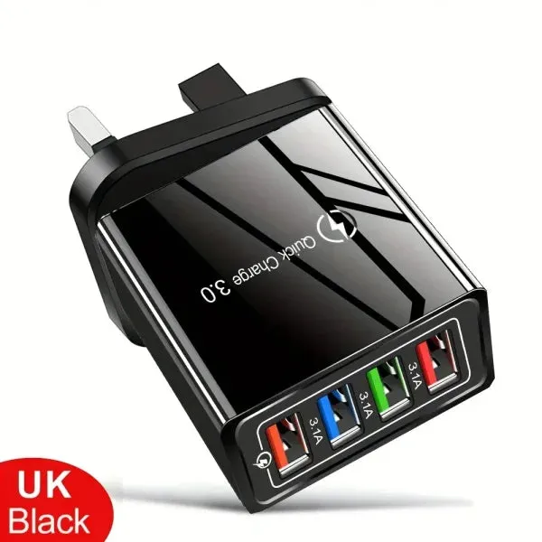4-Port Quick Charge 3.0 Plug 3A USB Charger for Phones and Tablets