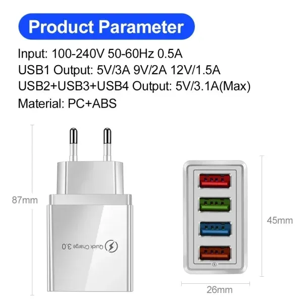 4-Port Quick Charge 3.0 Plug 3A USB Charger for Phones and Tablets