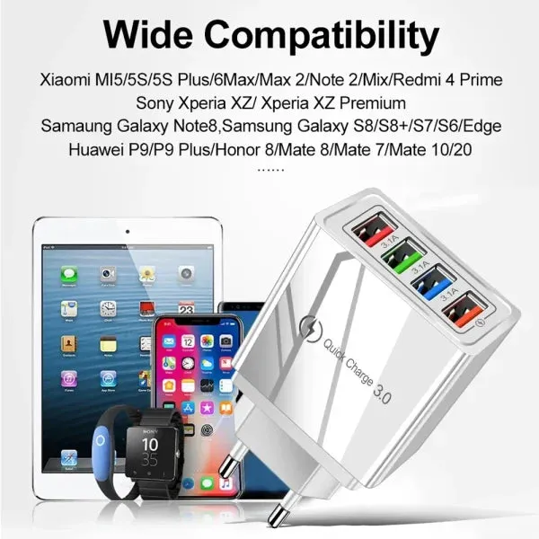 4-Port Quick Charge 3.0 Plug 3A USB Charger for Phones and Tablets