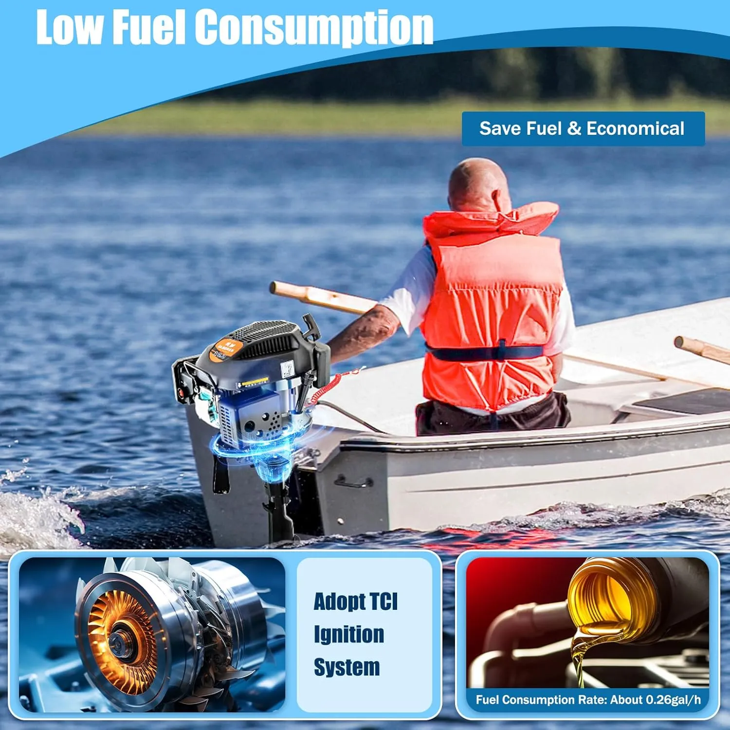 4-Stroke 6HP Outboard Motor, 140CC Heavy Duty Gas Powered Boat Engine w/Air Cooling &CDI Ignition System, Short Shaft Outboard Fishing Boat Motor for Dinghies Inflatable Boats