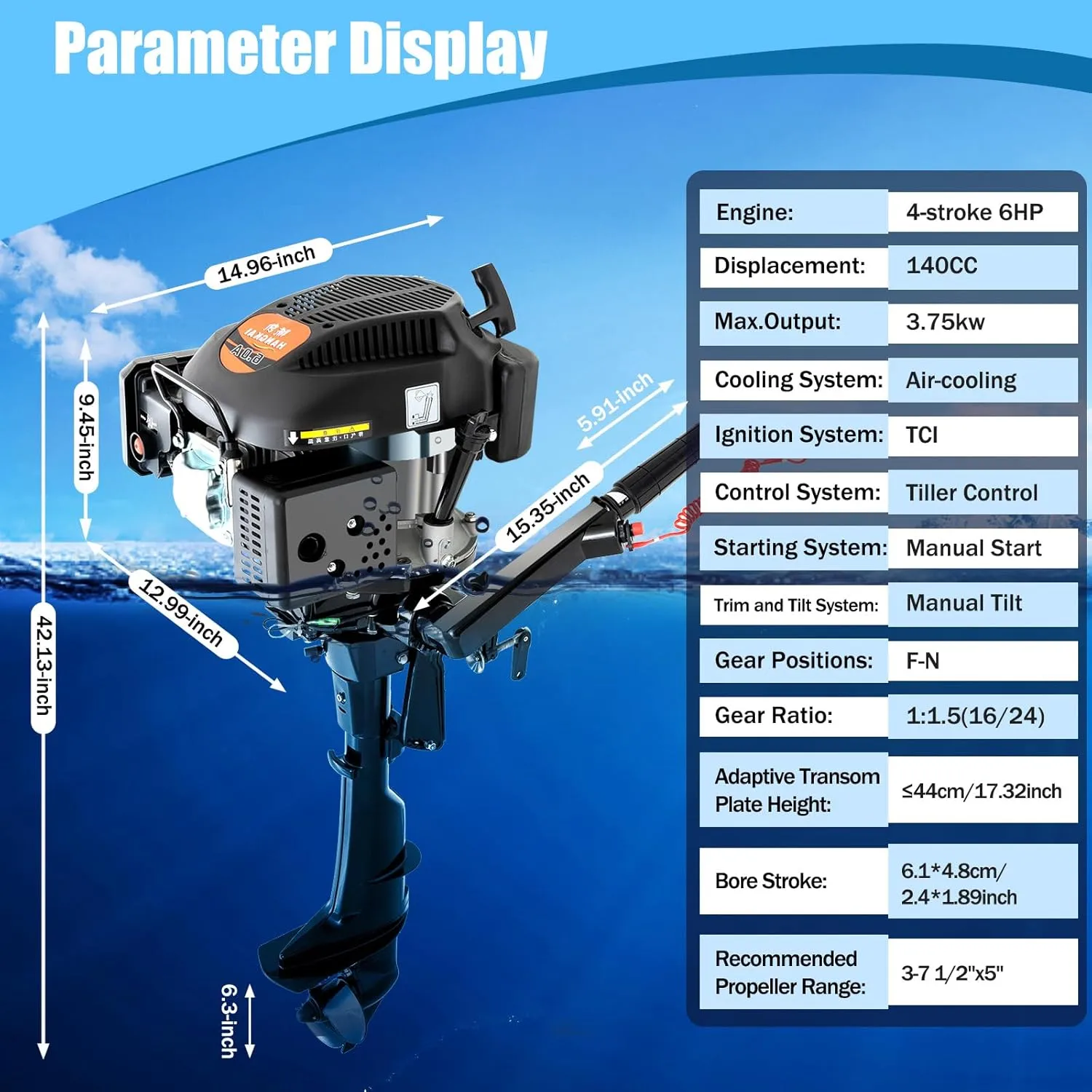4-Stroke 6HP Outboard Motor, 140CC Heavy Duty Gas Powered Boat Engine w/Air Cooling &CDI Ignition System, Short Shaft Outboard Fishing Boat Motor for Dinghies Inflatable Boats