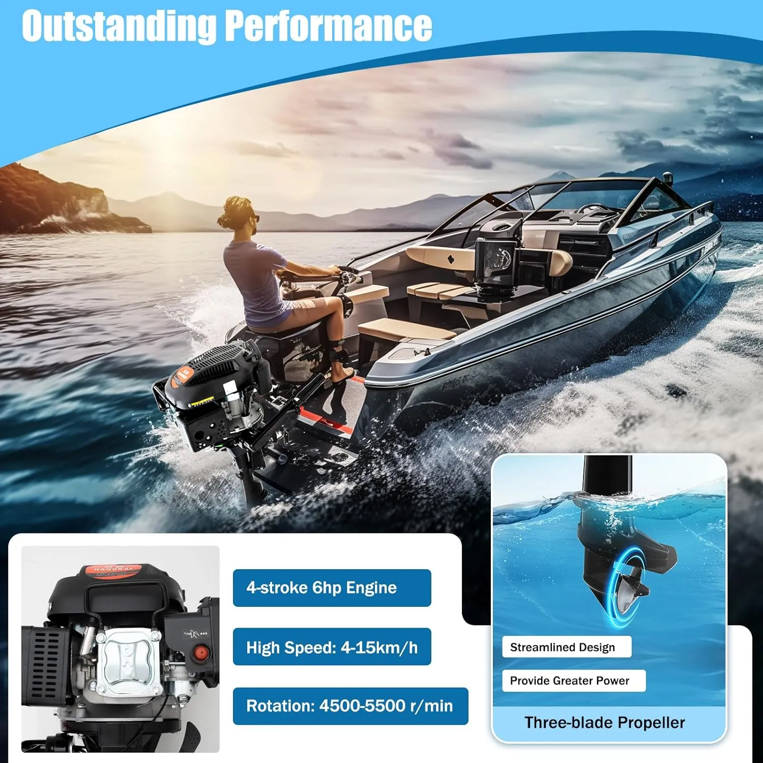 4-Stroke 6HP Outboard Motor, 140CC Heavy Duty Gas Powered Boat Engine w/Air Cooling &CDI Ignition System, Short Shaft Outboard Fishing Boat Motor for Dinghies Inflatable Boats