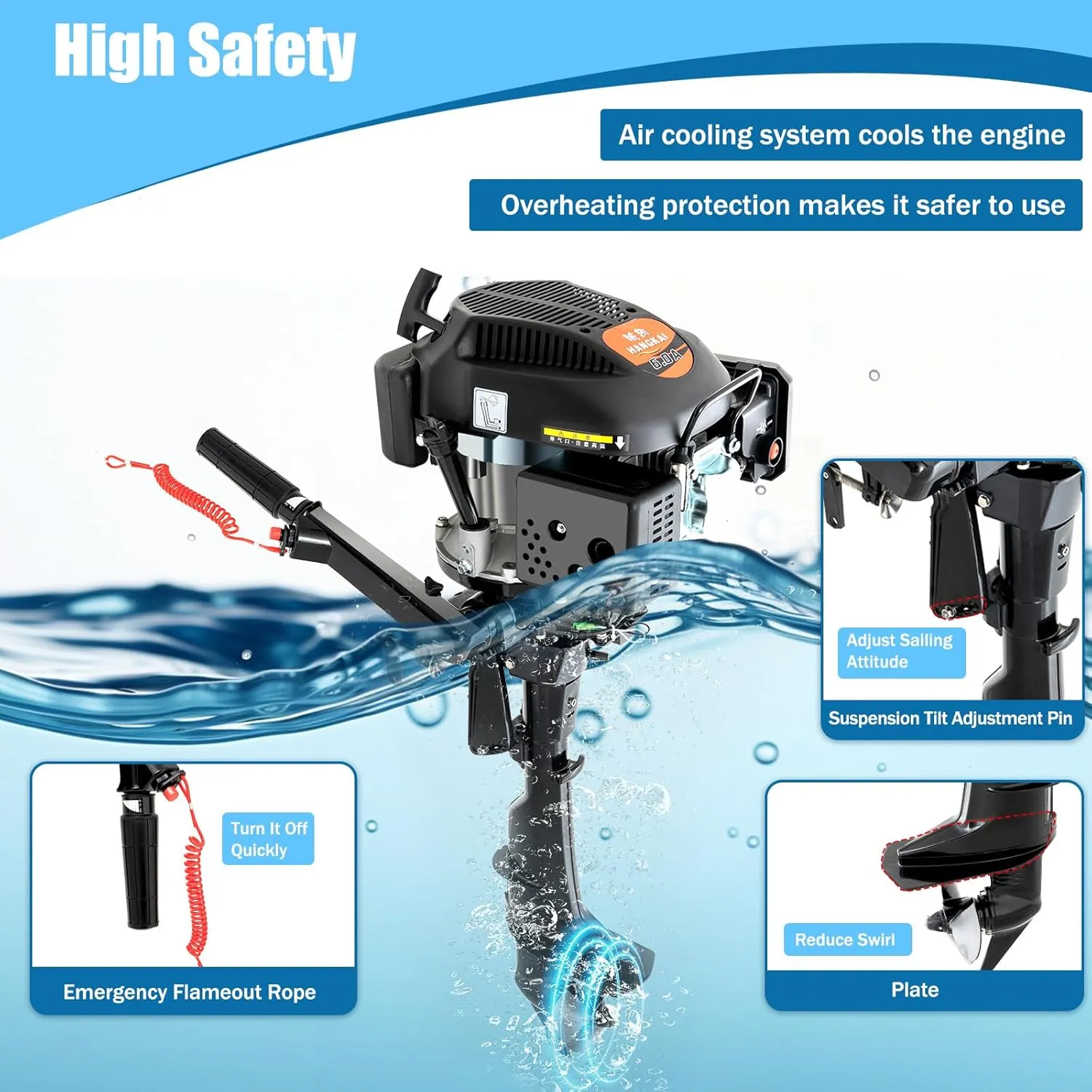 4-Stroke 6HP Outboard Motor, 140CC Heavy Duty Gas Powered Boat Engine w/Air Cooling &CDI Ignition System, Short Shaft Outboard Fishing Boat Motor for Dinghies Inflatable Boats