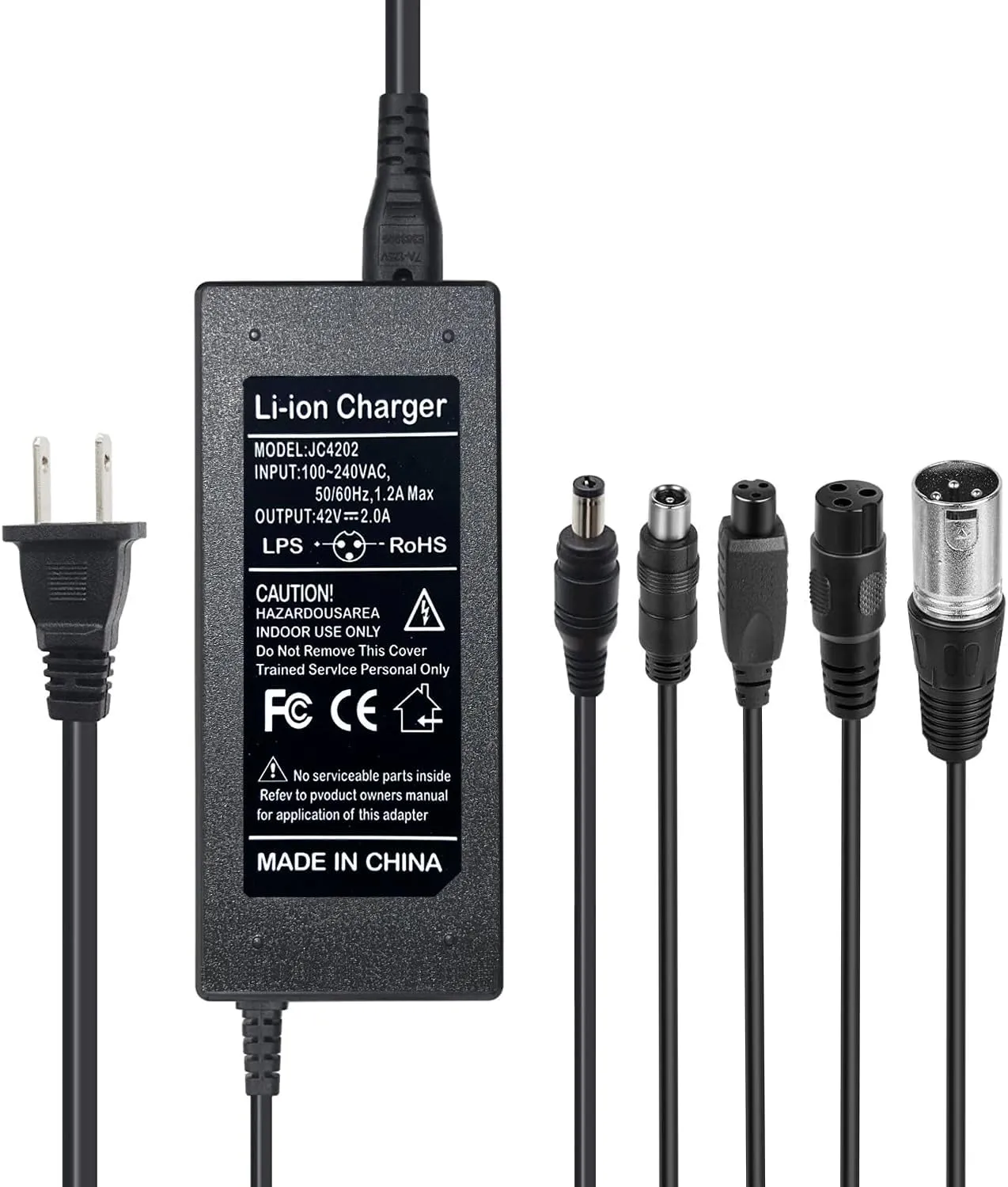 42V 2A Charger 5 Plugs for Scooter 36V Lithium Battery, Pack DC 5.5 * 2.1 with 8mm 3 Prong Connector /12mm 3 Prong Connector /8mm RCA Connector/ 3-Pin Male XLR Connector