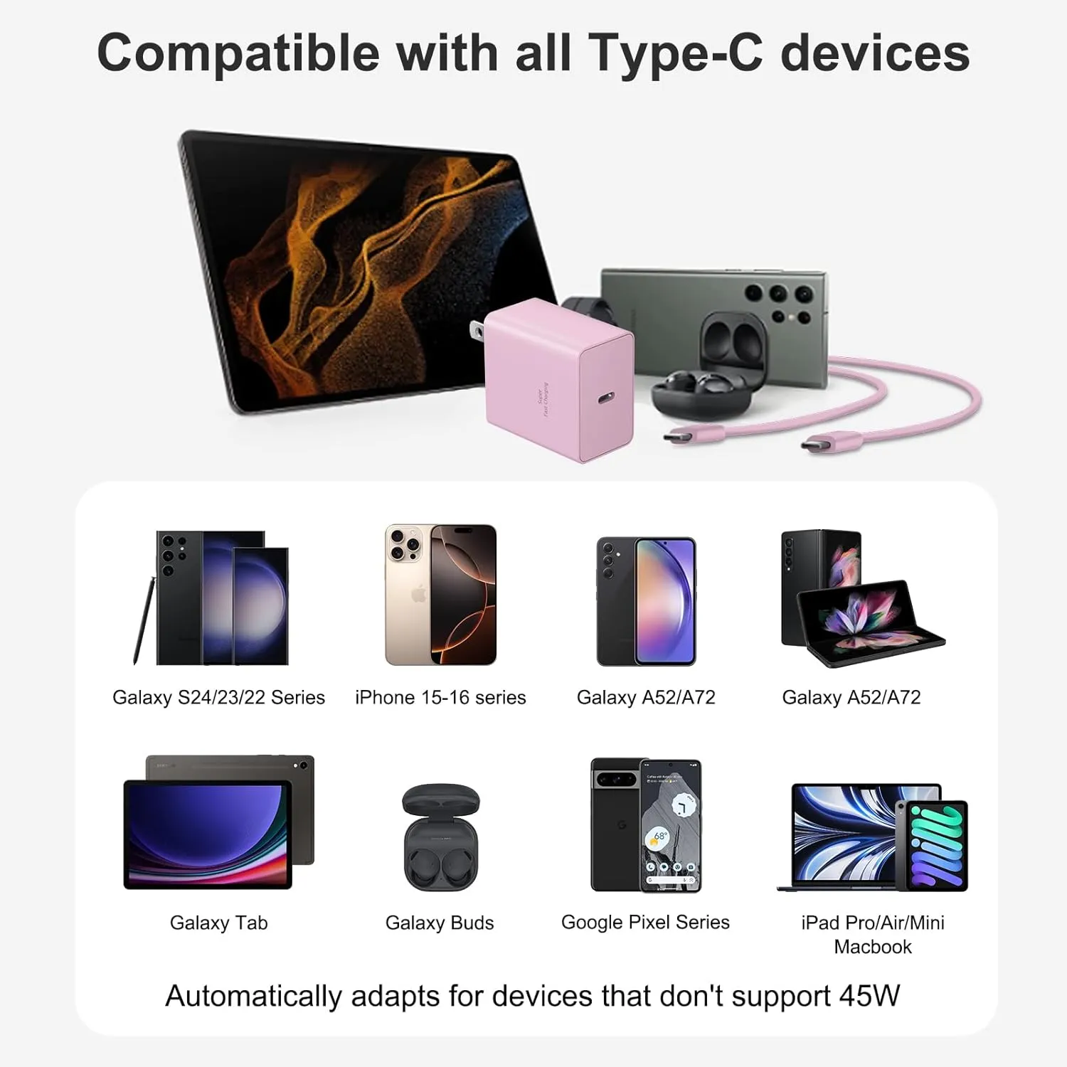 45W Type C Charger, USB C Charger 2-Pack iPhone 15 16 Charger 10FT with iPhone 16/16 Plus/16 Pro/16 Pro Max/iPhone 15/15 Pro Max/iPad Pro/AirPods/Galaxy S25 S24 S23 S22 S21,Android Charger (Pink)