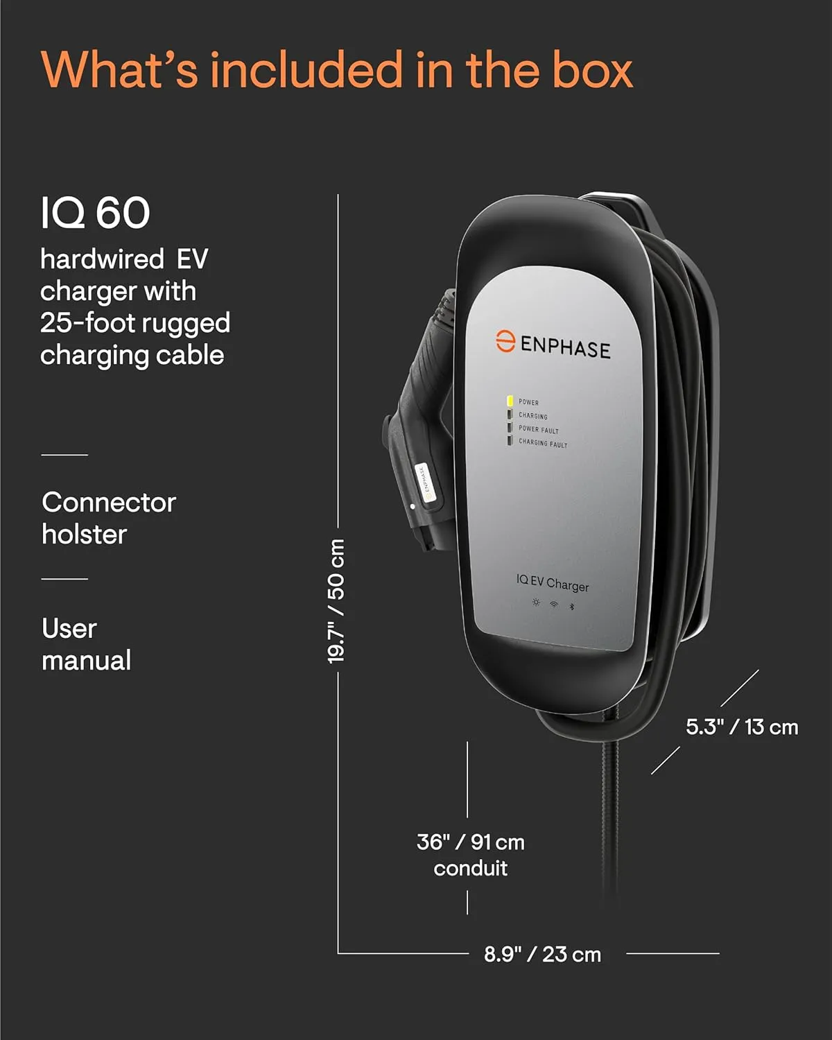 48 Amp Smart EV Charger - Enphase IQ 60, Hardwired, 11.5kW Power, 240V, 5-Year Warranty, Wi-Fi Connected, Safety Certified, 25ft Cable & Ruggedized J1772 Connector
