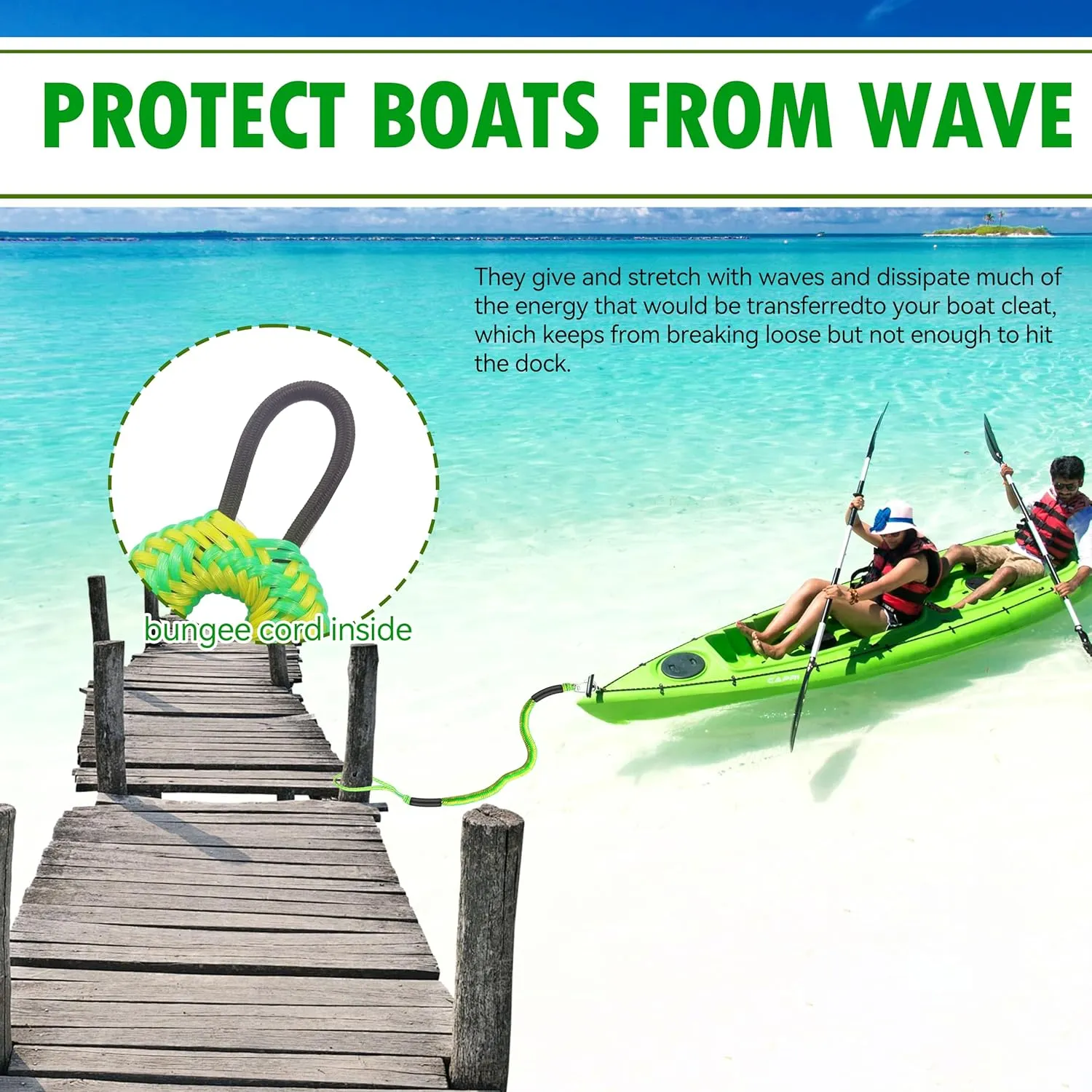 4FT Green-Yellow Single Hook Bungee Dock Line for Boat – Heavy Duty Marine Rope with 316 Stainless Steel Clip | No-Tie Design for Kayak, Jet Ski & Pontoon | UV & Saltwater Resistant