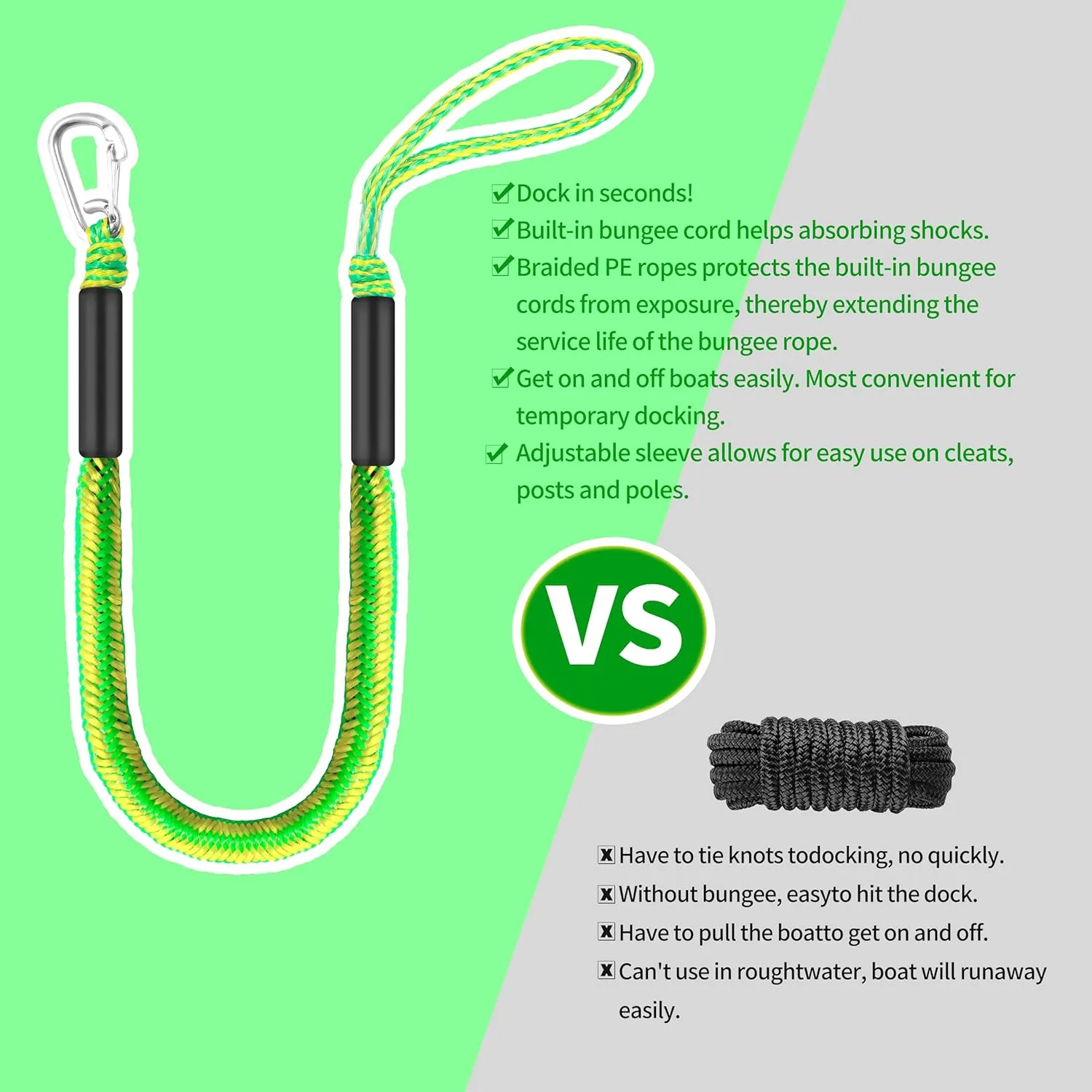 4FT Green-Yellow Single Hook Bungee Dock Line for Boat – Heavy Duty Marine Rope with 316 Stainless Steel Clip | No-Tie Design for Kayak, Jet Ski & Pontoon | UV & Saltwater Resistant