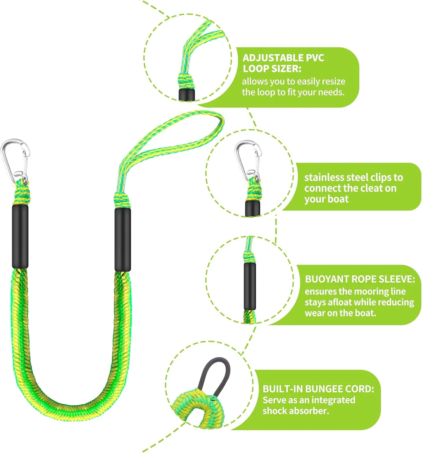 4FT Green-Yellow Single Hook Bungee Dock Line for Boat – Heavy Duty Marine Rope with 316 Stainless Steel Clip | No-Tie Design for Kayak, Jet Ski & Pontoon | UV & Saltwater Resistant