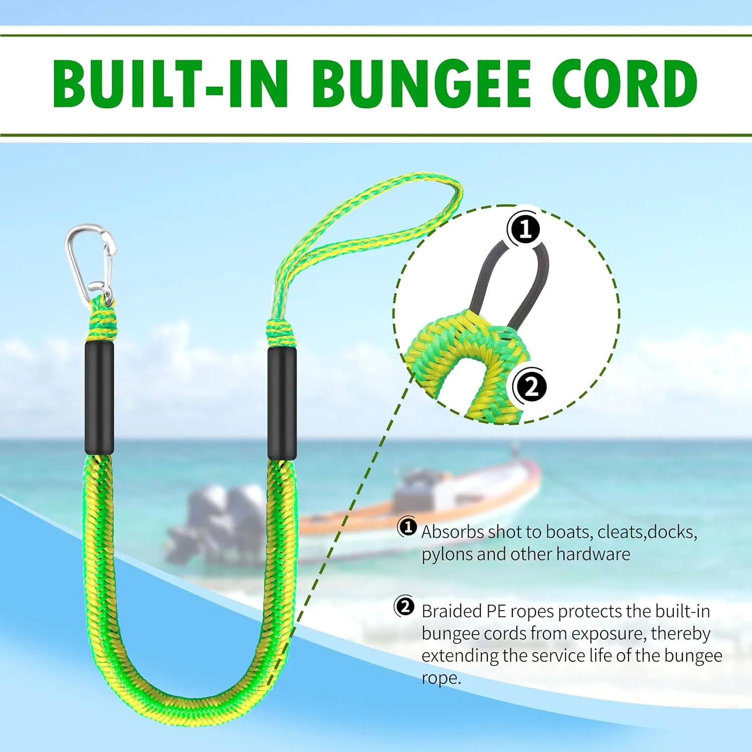 4FT Green-Yellow Single Hook Bungee Dock Line for Boat – Heavy Duty Marine Rope with 316 Stainless Steel Clip | No-Tie Design for Kayak, Jet Ski & Pontoon | UV & Saltwater Resistant