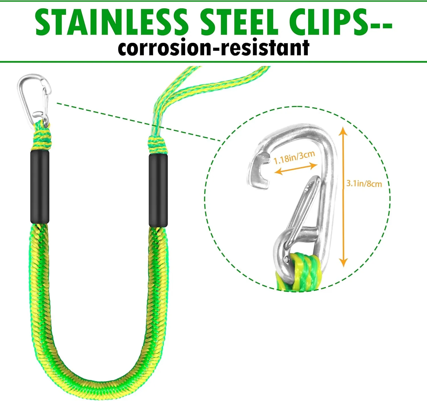 4FT Green-Yellow Single Hook Bungee Dock Line for Boat – Heavy Duty Marine Rope with 316 Stainless Steel Clip | No-Tie Design for Kayak, Jet Ski & Pontoon | UV & Saltwater Resistant