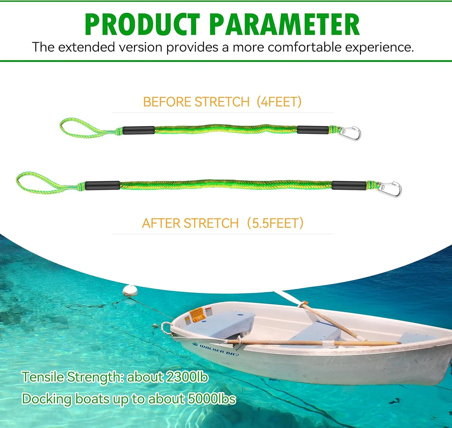 4FT Green-Yellow Single Hook Bungee Dock Line for Boat – Heavy Duty Marine Rope with 316 Stainless Steel Clip | No-Tie Design for Kayak, Jet Ski & Pontoon | UV & Saltwater Resistant