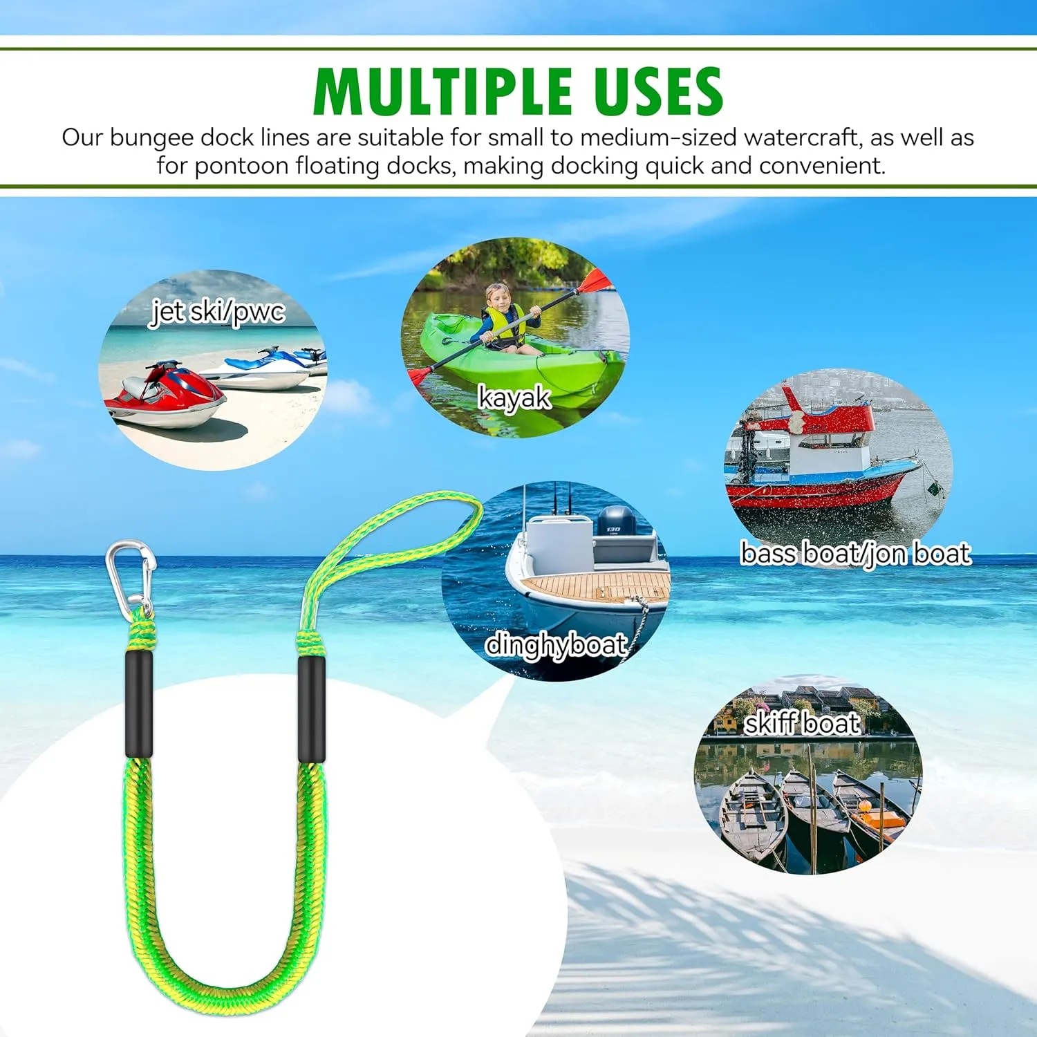 4FT Green-Yellow Single Hook Bungee Dock Line for Boat – Heavy Duty Marine Rope with 316 Stainless Steel Clip | No-Tie Design for Kayak, Jet Ski & Pontoon | UV & Saltwater Resistant