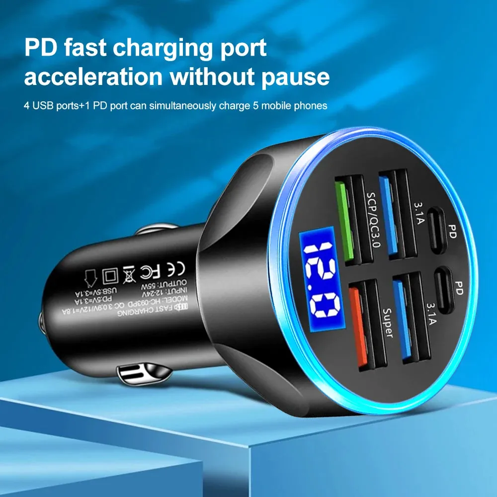 5-Port Fast Charge Car Charger with Digital Display