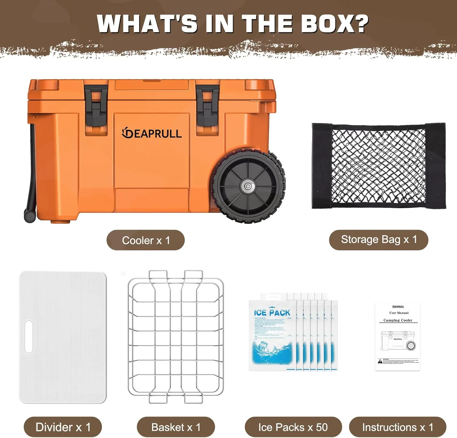 55 Quart Cooler with Wheels, Ice Chests Portable Camping Cooler Holds Ice up to 6 Days, Leak-Proof Outdoor Insulated Cooler with Handle, Cup Holders, Hard Cooler for Camping, Beach, Boat