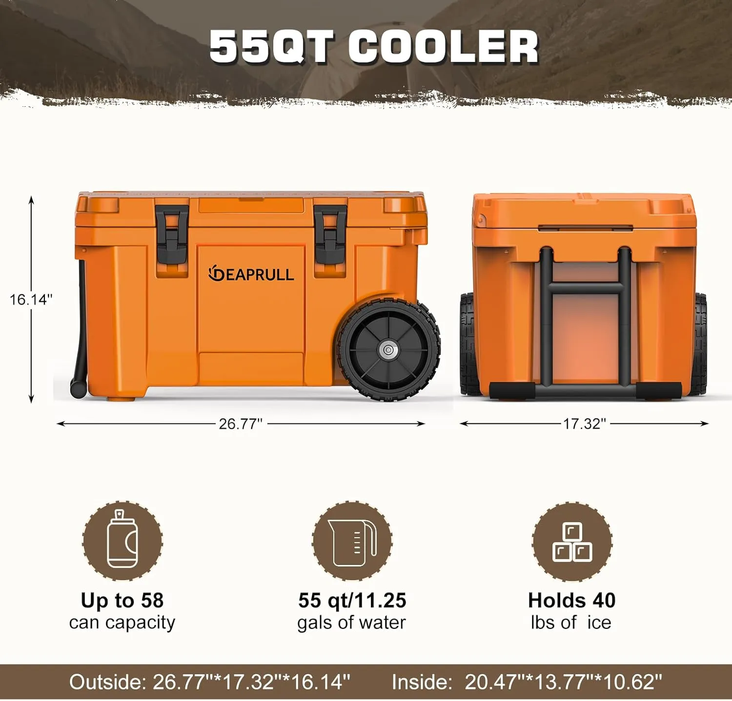 55 Quart Cooler with Wheels, Ice Chests Portable Camping Cooler Holds Ice up to 6 Days, Leak-Proof Outdoor Insulated Cooler with Handle, Cup Holders, Hard Cooler for Camping, Beach, Boat