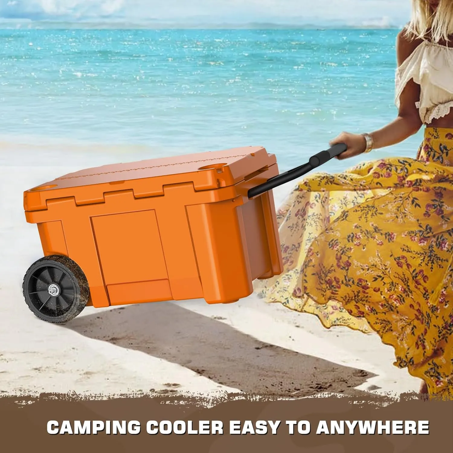 55 Quart Cooler with Wheels, Ice Chests Portable Camping Cooler Holds Ice up to 6 Days, Leak-Proof Outdoor Insulated Cooler with Handle, Cup Holders, Hard Cooler for Camping, Beach, Boat