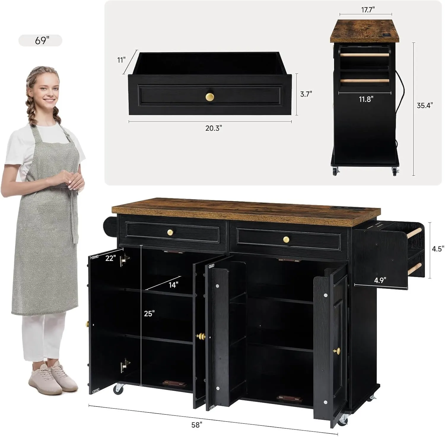 58" Mobile Kitchen Island, Kitchen Island Cart with Power Outlet, Island Table for Kitchen, Home Bar Carts with Storage, Kitchen Rolling Island with Spice Rack & Towel Rack & Knife Holder