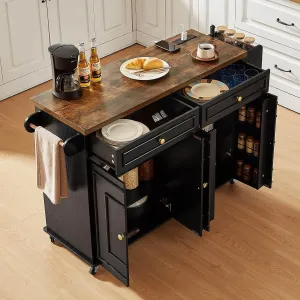 58" Mobile Kitchen Island, Kitchen Island Cart with Power Outlet, Island Table for Kitchen, Home Bar Carts with Storage, Kitchen Rolling Island with Spice Rack & Towel Rack & Knife Holder