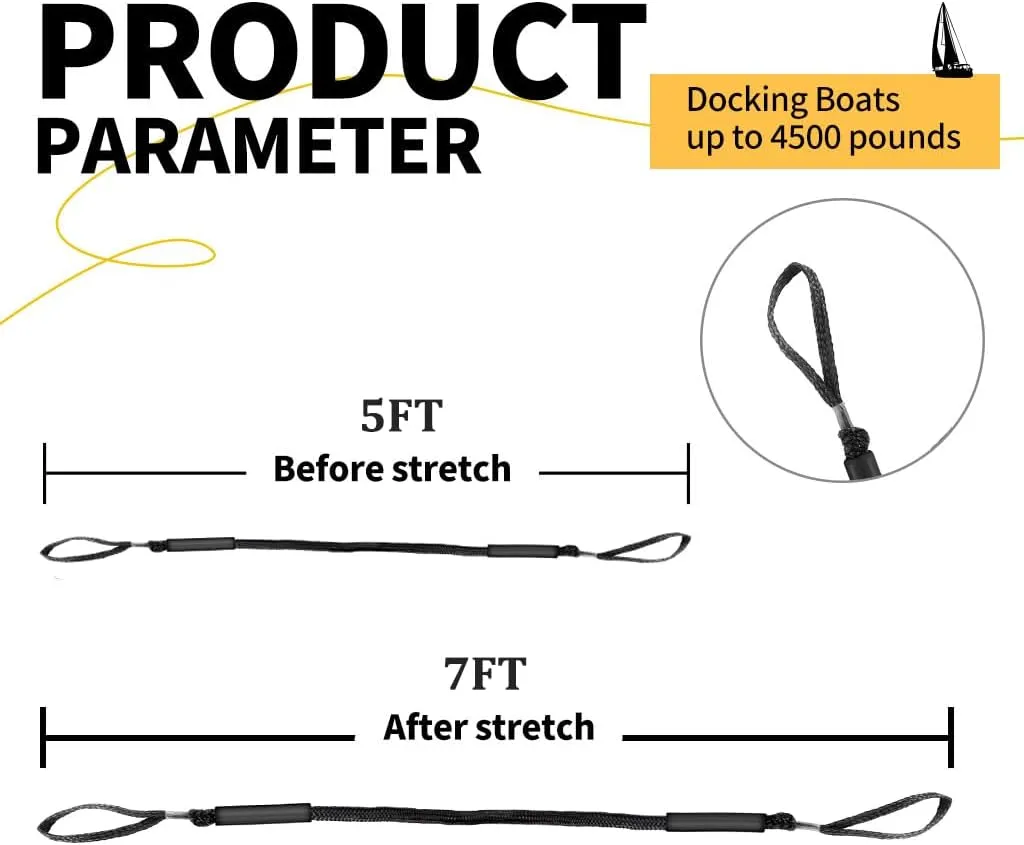 5FT Boat Bungee Dock Lines-Heavy Duty Bungee Dock Lines for Boats with Shock Absorbing Boat Rope, Marine Grade Mooring Lines for Secure Docking (2pcs Black)