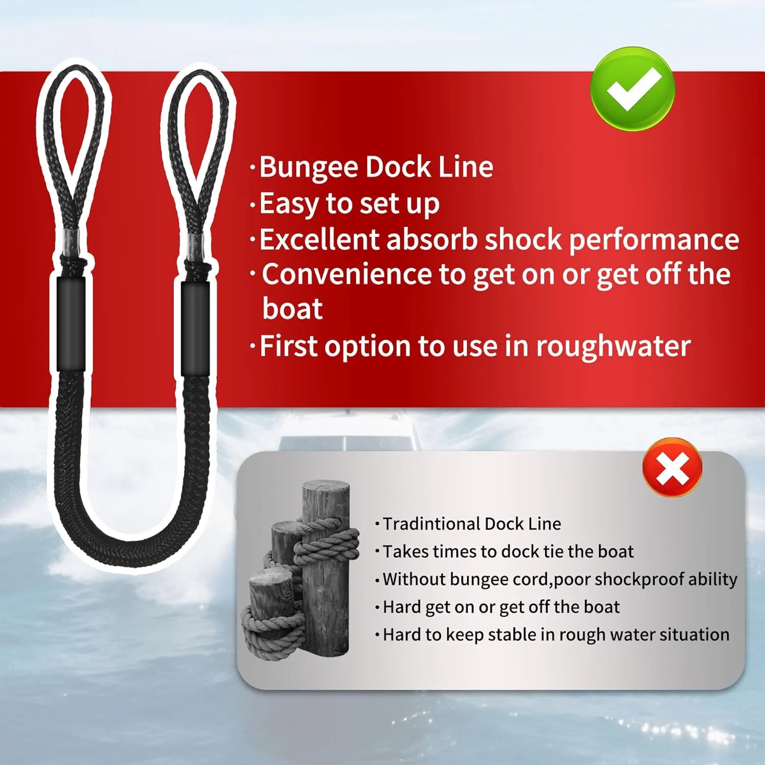 5FT Boat Bungee Dock Lines-Heavy Duty Bungee Dock Lines for Boats with Shock Absorbing Boat Rope, Marine Grade Mooring Lines for Secure Docking (2pcs Black)