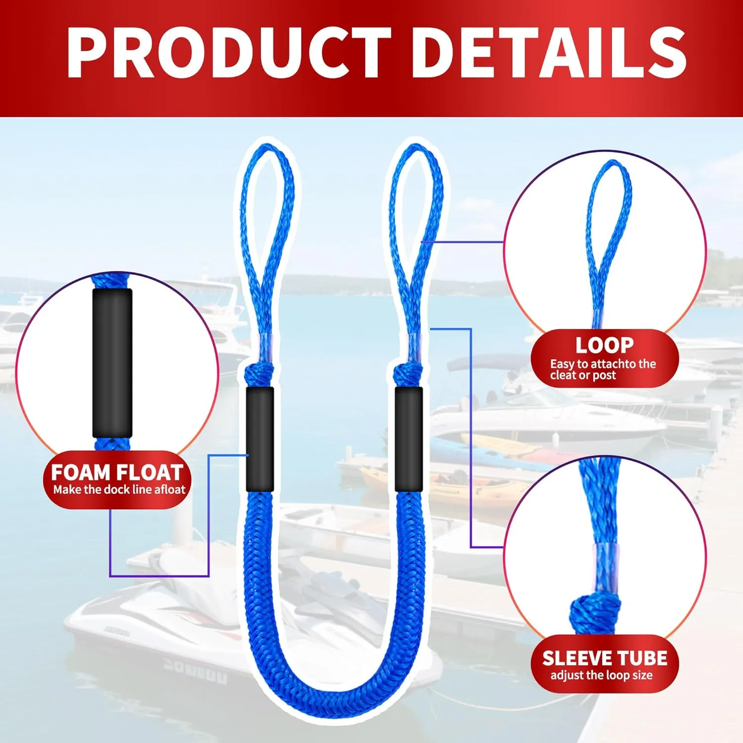 5FT Boat Bungee Dock Lines-Heavy Duty Bungee Dock Lines for Boats with Shock Absorbing Boat Rope, Marine Grade Mooring Lines for Secure Docking (2pcs Blue)