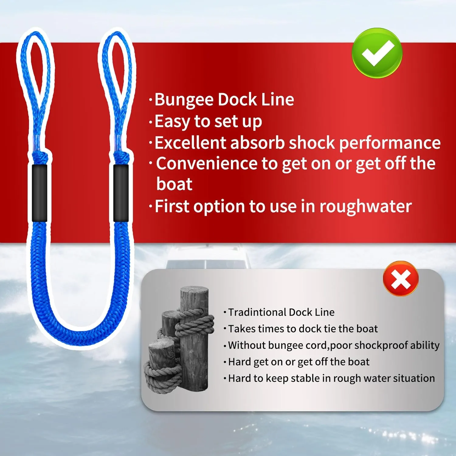 5FT Boat Bungee Dock Lines-Heavy Duty Bungee Dock Lines for Boats with Shock Absorbing Boat Rope, Marine Grade Mooring Lines for Secure Docking (2pcs Blue)