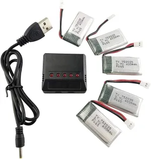 5PCS 3.7V 400mAh Lithium Battery with 5in1 Charger for H99W JJRC H31 H6C H98 Quadcopter Spare Parts Aircraft Model Drone Battery AT-96