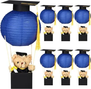 6 Sets Graduation Table Centerpieces Hot Air Balloon Party Decorations Class of 2025 Blue and Black Graduation Paper Lantern with Small Cap Tassel Table Decor Congrats Grad Party Supplies