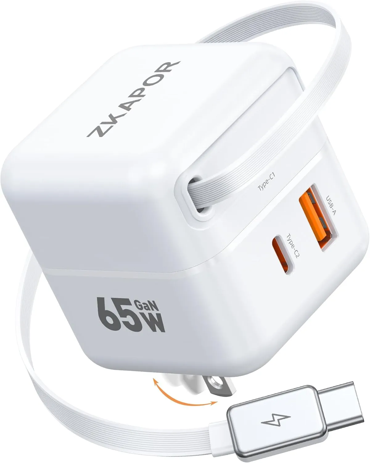 65W USB C Charger Block with Retractable USB C Cable, Travel Charger with Dual Port, PD PPS QC Fast Charging Foldable Wall Charge GaN for iPhone 16 15 Pro Max/Plus, Pad, MacBook Air, Galaxy and More