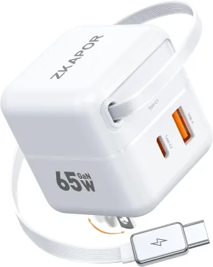 65W USB C Charger Block with Retractable USB C Cable, Travel Charger with Dual Port, PD PPS QC Fast Charging Foldable Wall Charge GaN for iPhone 16 15 Pro Max/Plus, Pad, MacBook Air, Galaxy and More