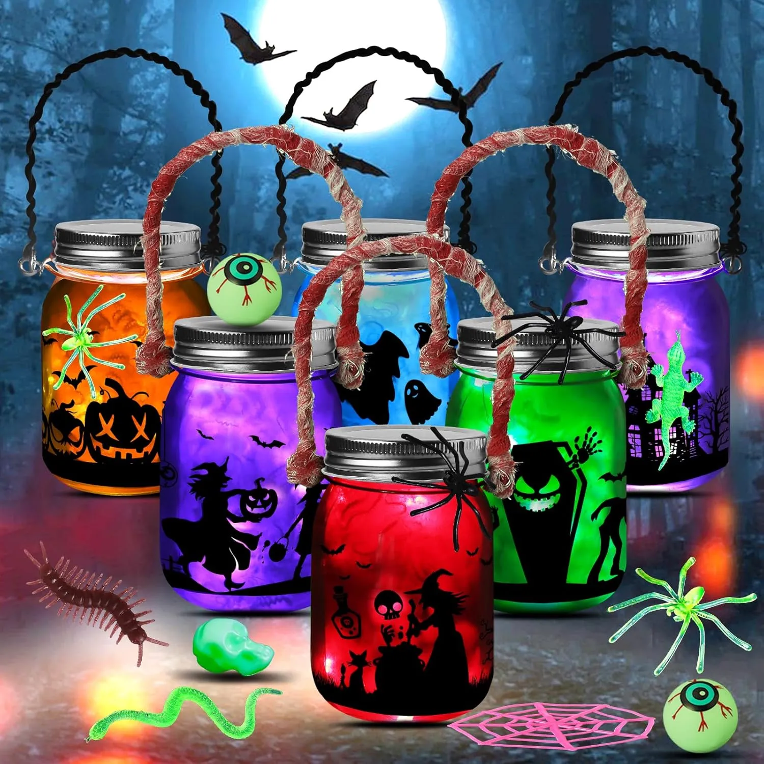 6Pack Halloween DIY Arts and Crafts Kits for Kids 3 4 5 6 7 8 9 10 Years Old, Halloween Mason Jar with Accessories, Halloween Craft and Art Party Supplies, Halloween Lantern Craft Kit