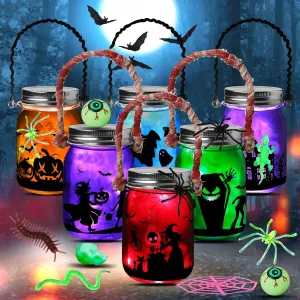 6Pack Halloween DIY Arts and Crafts Kits for Kids 3 4 5 6 7 8 9 10 Years Old, Halloween Mason Jar with Accessories, Halloween Craft and Art Party Supplies, Halloween Lantern Craft Kit