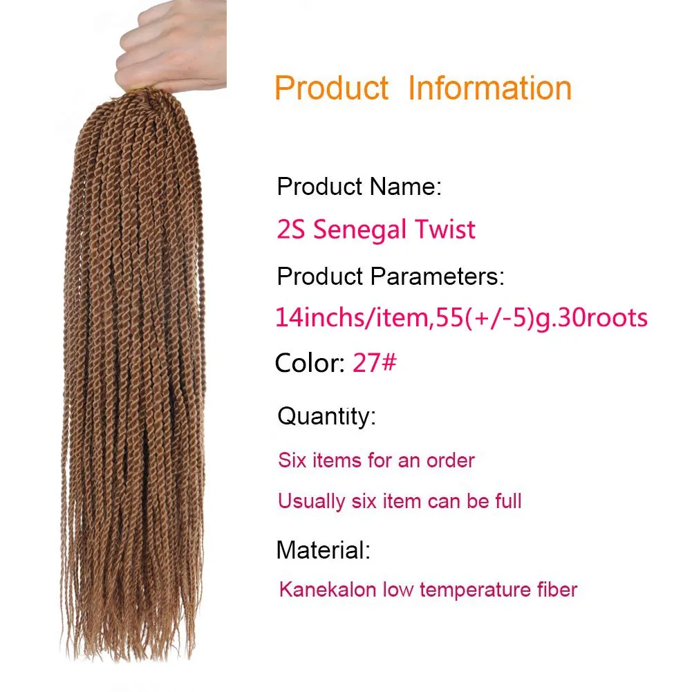 6Packs 14" 18" 24" Senegalese Twist Crochet Hair Braids Small Havana Mambo Twist Crochet Braiding Hair 2S Senegalese Twists Hairstyles For Black Women 30strands/pack 24 colors (14 inches, 27)
