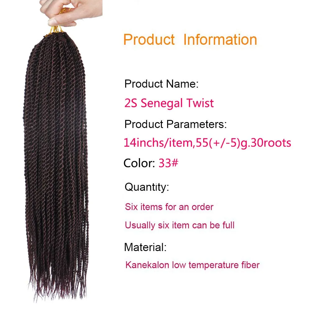 6Packs 14" 18" 24" Senegalese Twist Crochet Hair Braids Small Havana Mambo Twist Crochet Braiding Hair 2S Senegalese Twists Hairstyles For Black Women 30strands/pack 24 colors (14 inches, 33)