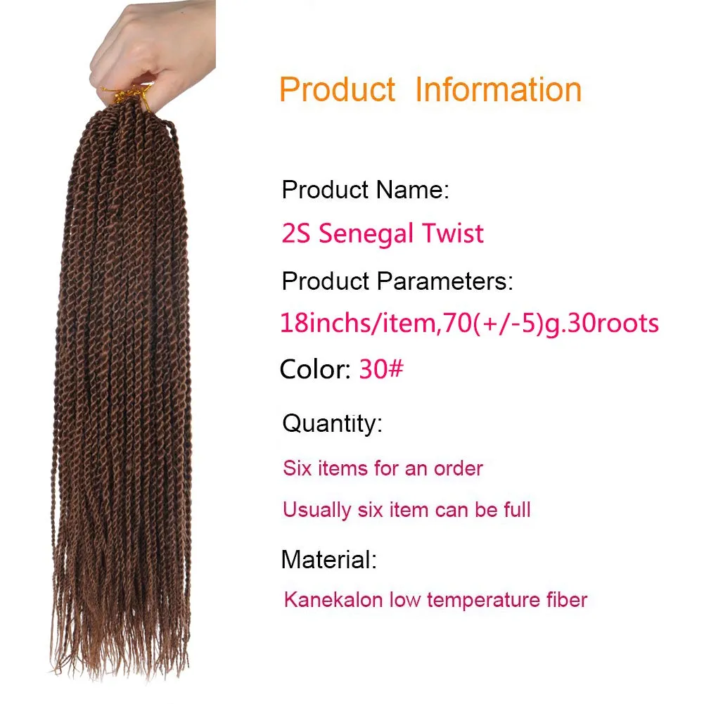 6Packs 14" 18" 24" Senegalese Twist Crochet Hair Braids Small Havana Mambo Twist Crochet Braiding Hair 2S Senegalese Twists Hairstyles For Black Women 30strands/pack 24 colors (18 inches, 30)