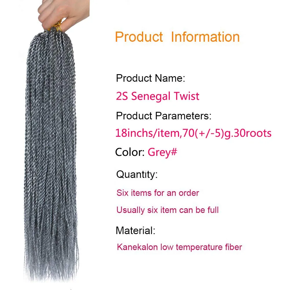 6Packs 14" 18" 24" Senegalese Twist Crochet Hair Braids Small Havana Mambo Twist Crochet Braiding Hair 2S Senegalese Twists Hairstyles For Black Women 30strands/pack 24 colors (18 inches, Grey)